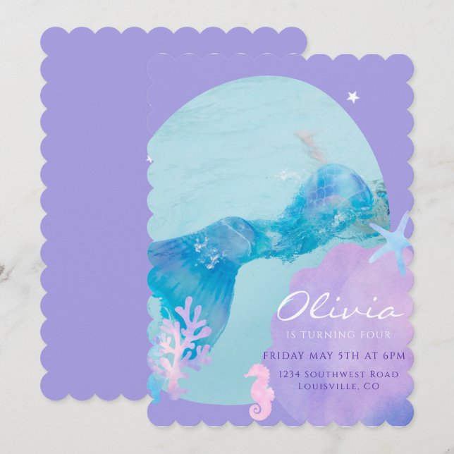 Mermaid Tail Birthday invitation, Under the Sea  (Front/Back)