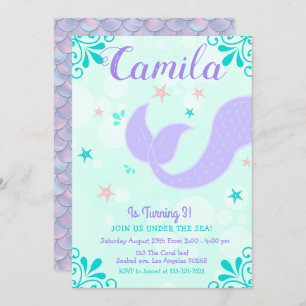Mermaid Tail Birthday Under The Sea Purple Teal Invitation