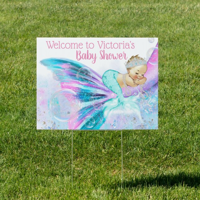 Mermaid Tail Blonde Baby Mermaid Baby Shower Yard Sign (Insitu)