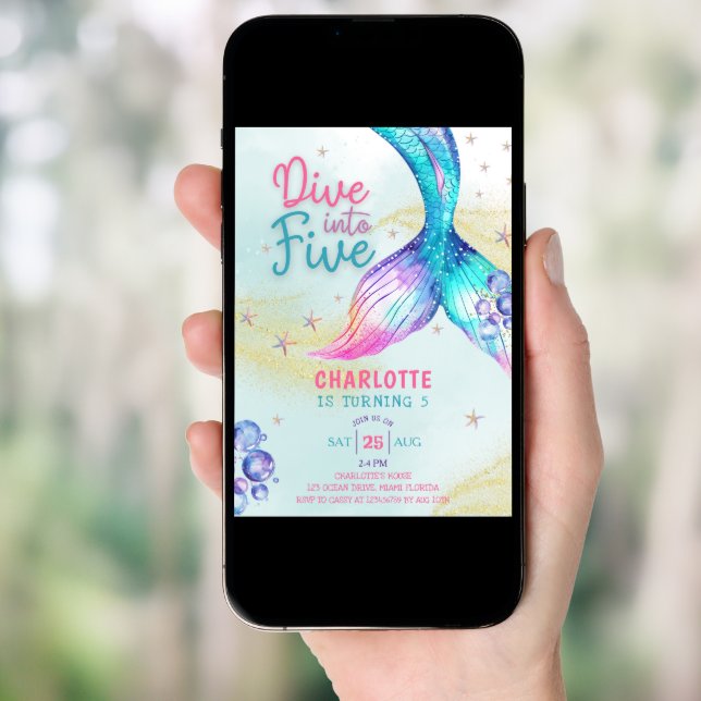 Mermaid Tail Dive into Five 5th birthday Invitation (Front Digital)