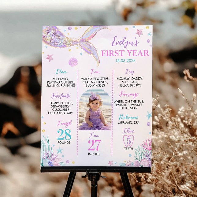 Mermaid Tail First Birthday Photo Milestone Poster (Creator Uploaded)