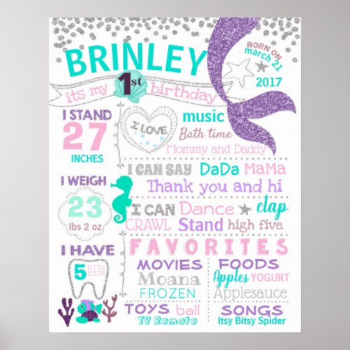 Mermaid tail First birthday sign poster board