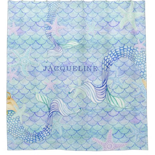 Mermaid Tail Fish Scale Pattern Girl Name Starfish Shower Curtain