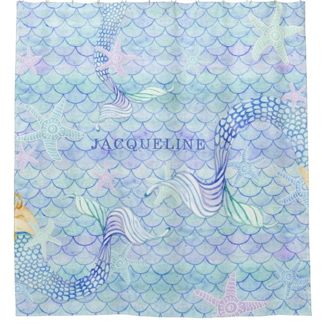 Mermaid Tail Fish Scale Pattern Girl Name Starfish Shower Curtain (Front)