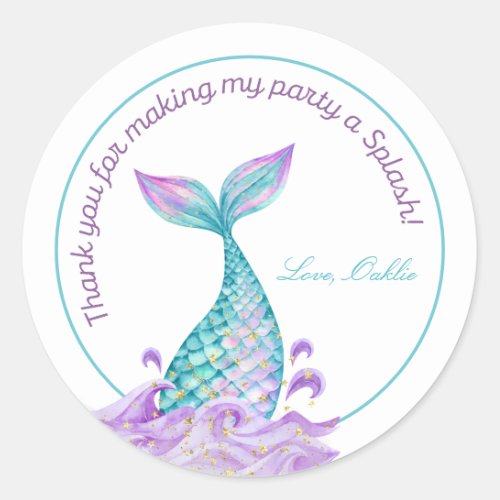 Mermaid Tail Girl Watercolor Birthday Party  Classic Round Sticker