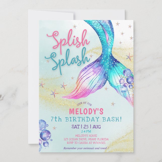 Mermaid Tail Glitter 7th Birthday Invitation (Front)