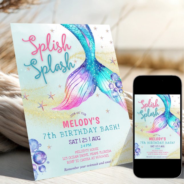 Mermaid Tail Glitter 7th Birthday Invitation (Creator Uploaded)