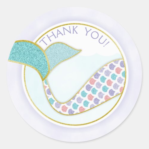 Mermaid Tail Gold Glitter Purple Blue Thank You Classic Round Sticker