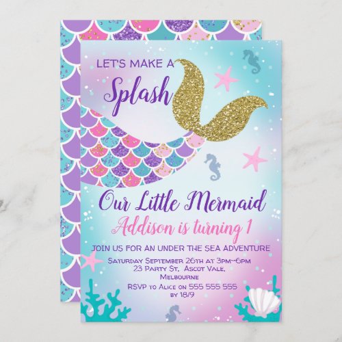 Mermaid Tail Gold Pink Purple Birthday Invitation