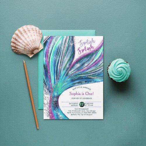 Mermaid Tail Holographic Watercolor 1st Birthday Invitation