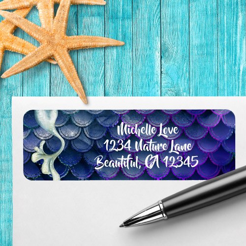 Mermaid Tail in Blue and Sparkling Scales Address Label