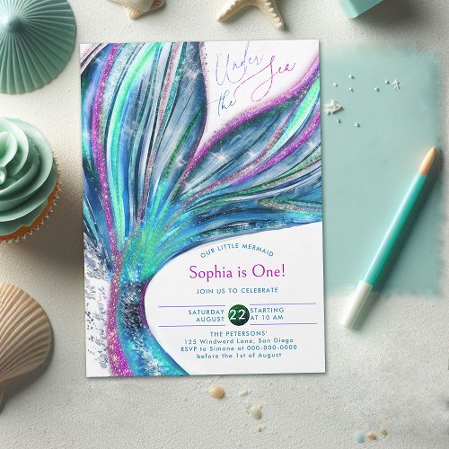 Mermaid Tail Iridescent Glitter Sea 1st Birthday Invitation