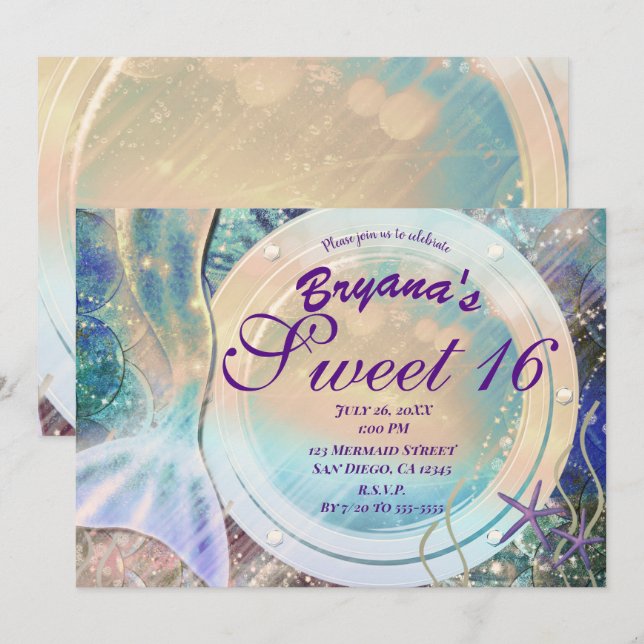 Mermaid Tail Magic Under Sea Sweet 16 Peach Glow Invitation (Front/Back)