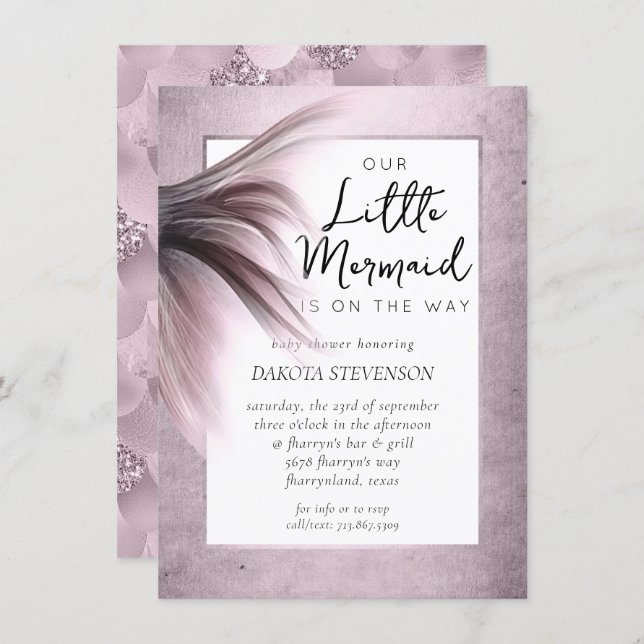 Mermaid Tail Mauve | Dusty Rose Pink Faux Shimmer Invitation (Front/Back)
