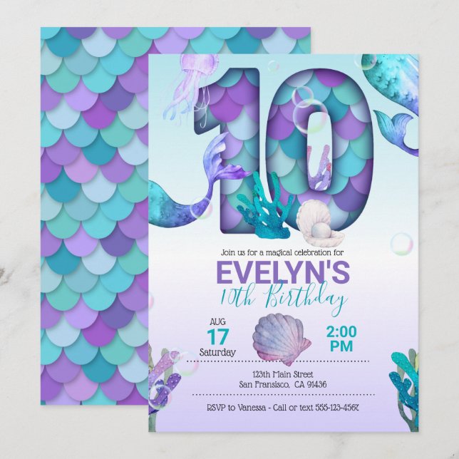 Mermaid Tail Mermaid Invitation for 10th Birthday (Front/Back)