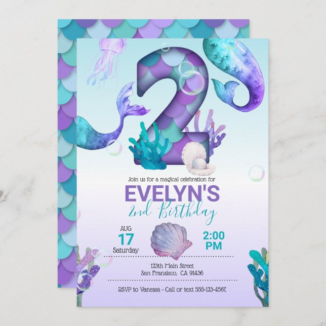 Mermaid Tail Mermaid Invitation for 2nd Birthday (Front/Back)