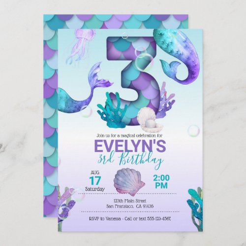 Mermaid Tail Mermaid Invitation for 3rd Birthday