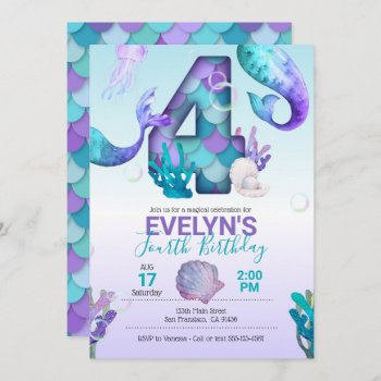 Mermaid Tail Mermaid Invitation For 4th Birthday by WhirlibirdExpress at Zazzle