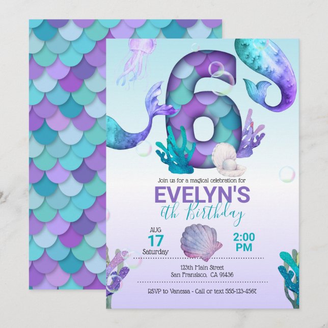 Mermaid Tail Mermaid Invitation for 6th Birthday (Front/Back)