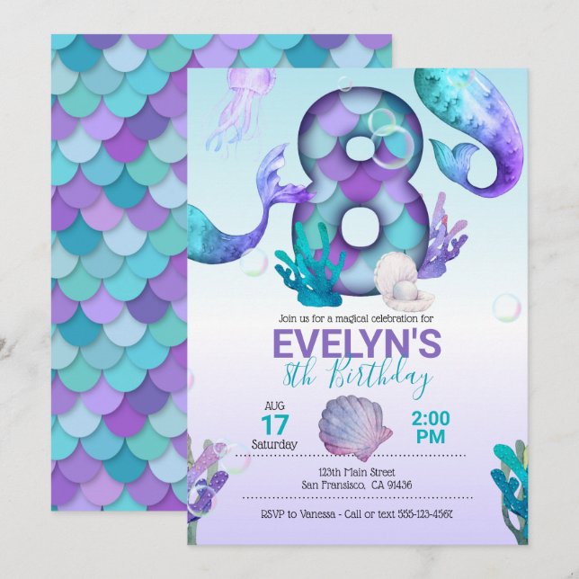 Mermaid Tail Mermaid Invitation for 8th Birthday (Front/Back)