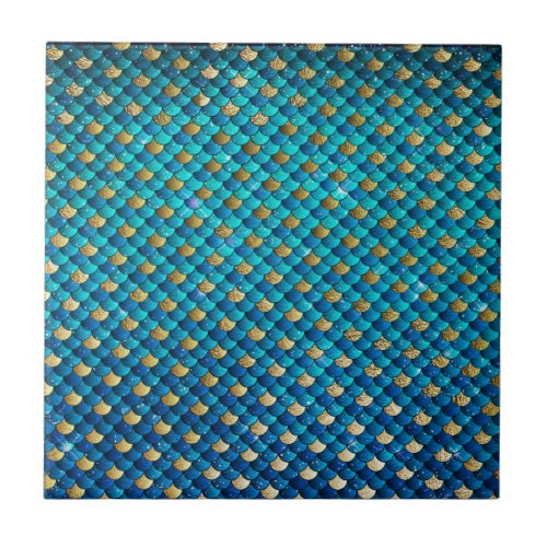 Mermaid Tail Navy Blue Gold Glitter Pattern Ceramic Tile