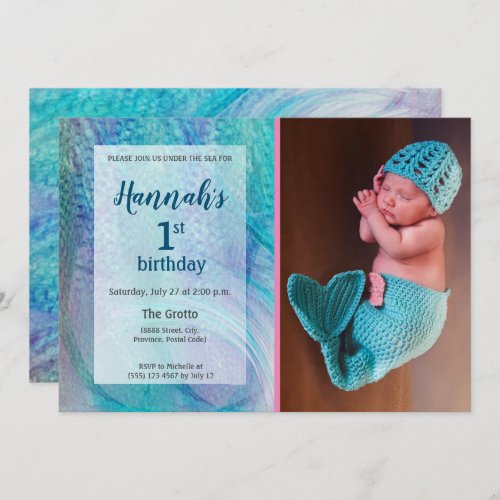 Mermaid Tail Pattern Baby Photo First birthday Invitation