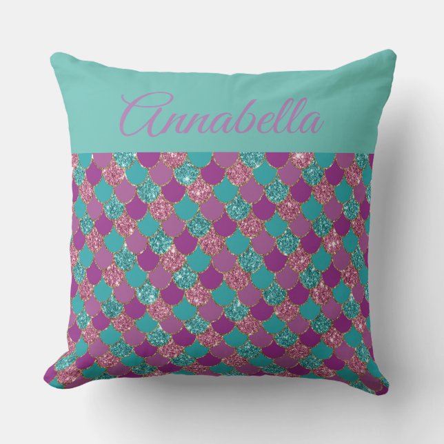 Mermaid Tail Pattern with Name on Teal Throw Pillow (Front)