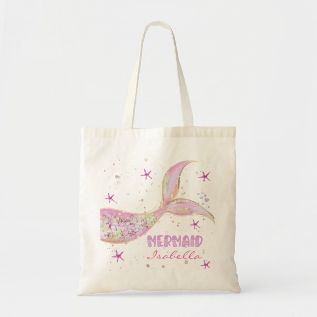Mermaid Tail Pink and Gold Glitter Personalized Tote Bag (Front)
