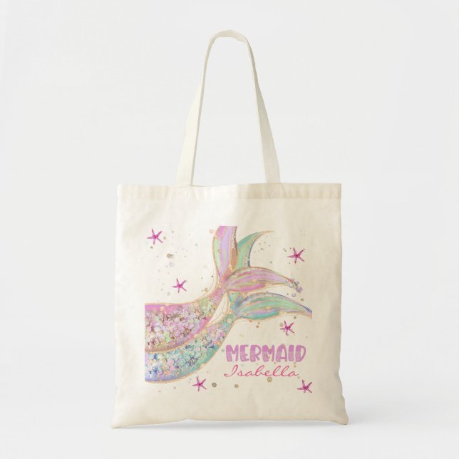 Mermaid Tail Pink Green Gold Glitter Personalized Tote Bag (Front)