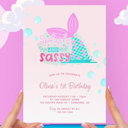 Mermaid Tail Pink Rainbow 1st Birthday Invitation