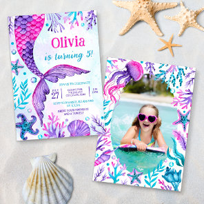 Mermaid Tail Pool Party Photo Birthday Watercolor Invitation