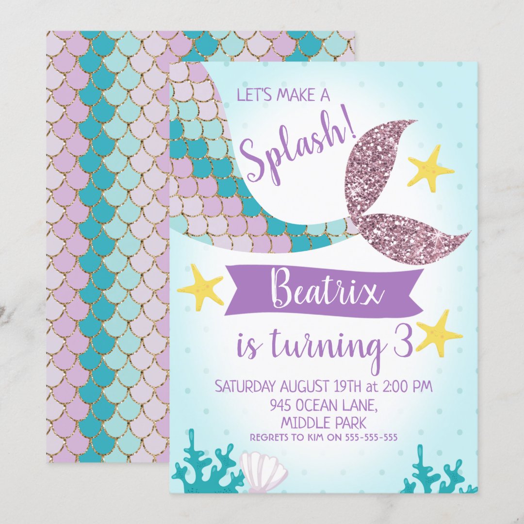 Mermaid Tail Purple And Teal Birthday Invitation Zazzle