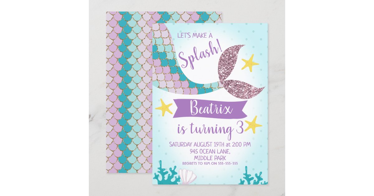 Mermaid Tail Purple And Teal Birthday Invitation Zazzle