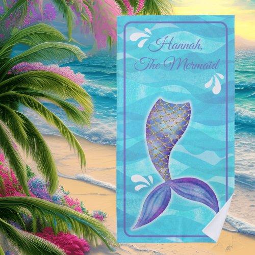 Mermaid Tail Purple on Blue Ocean Beach Towel