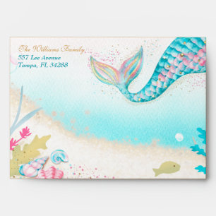 Mermaid Tail Sand Bar Teal Gold Ocean Envelope