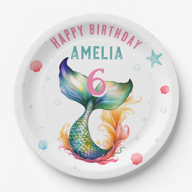 Mermaid Tail Seashells Bubbles Starfish Birthday  Paper Plates (Front)