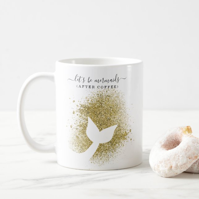 Mermaid Tail Silhouette in Gold Glitter Coffee Mug (With Donut)