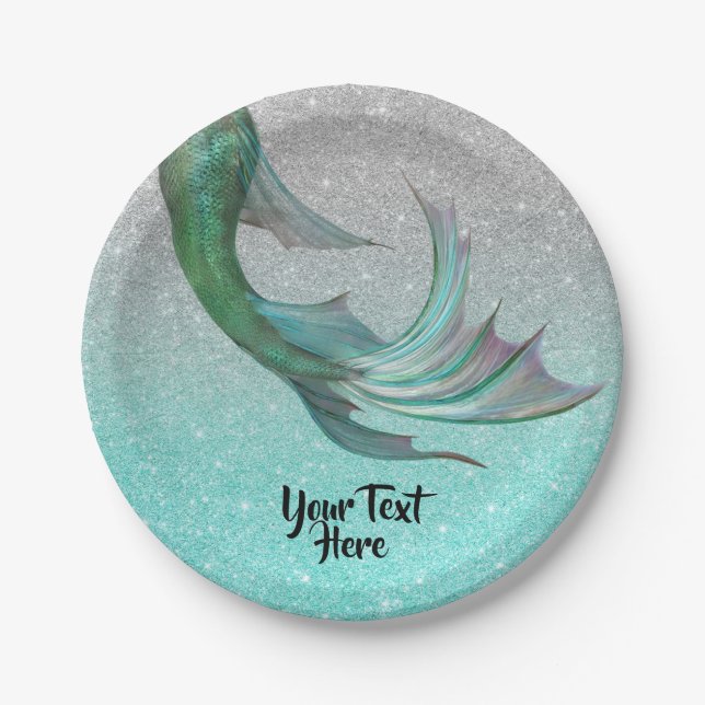 Mermaid Tail Silver Teal Glitter Personalized Paper Plates (Front)
