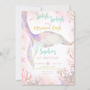 Mermaid Tail Splish Splash Pink Purple Birthday Invitation