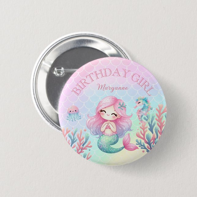 Mermaid Tail Teal Pink Girly Birthday Party Button (Front & Back)