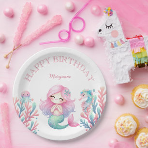 Mermaid Tail Teal Pink Girly Birthday Party Paper Plates