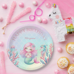 Mermaid Tail Teal Pink Girly Birthday Party Paper Plates