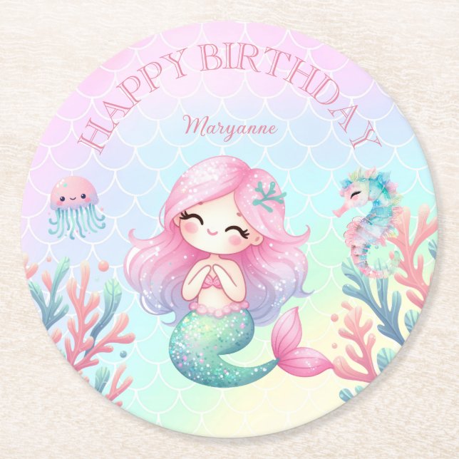 Mermaid Tail Teal Pink Girly Birthday Party Round Paper Coaster (Front)