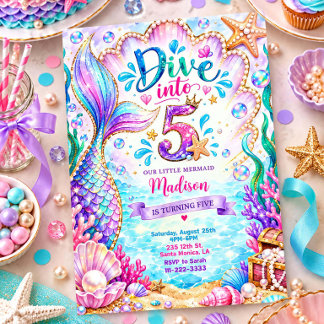 Mermaid Tail Under the Sea 5th Birthday Invitation