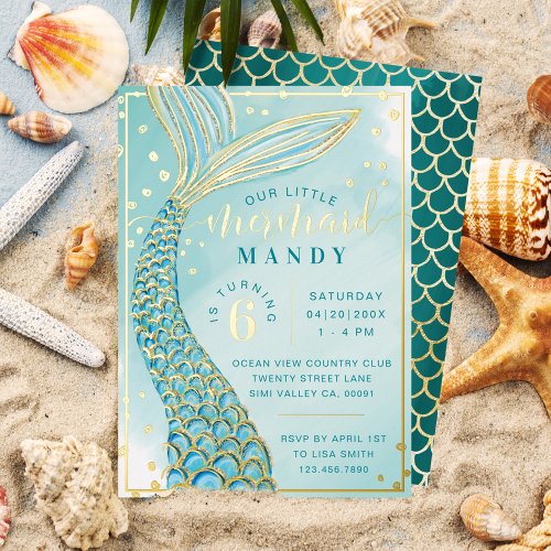 Mermaid Tail Under the Sea Aqua  Gold Birthday Foil Invitation