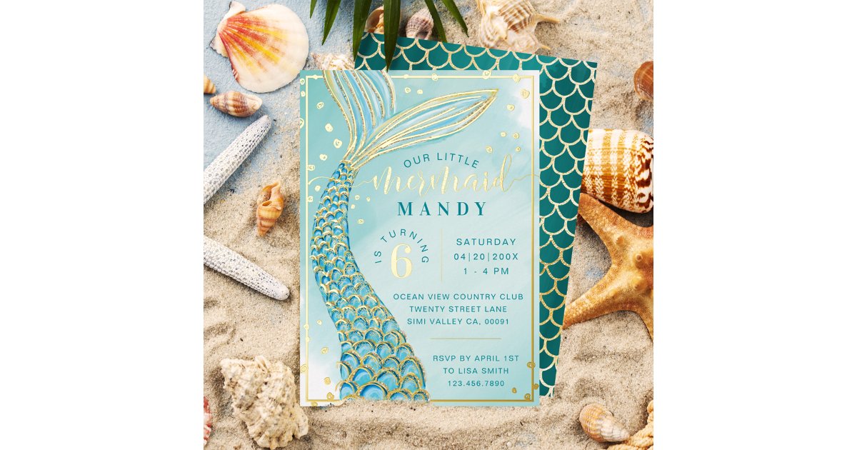 Mermaid Tail Under the Sea Aqua & Gold Birthday Foil Invitation | Zazzle