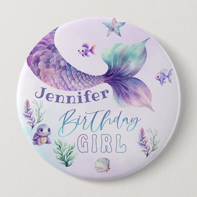 Mermaid tail Under the sea Birthday girl Button (Front)