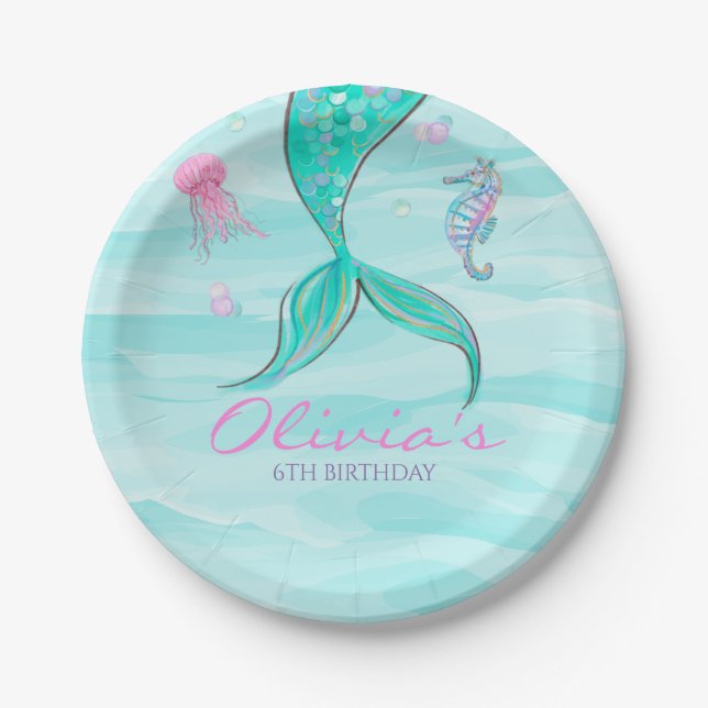 Mermaid Tail Under the Sea Birthday Invitation Paper Plates (Front)