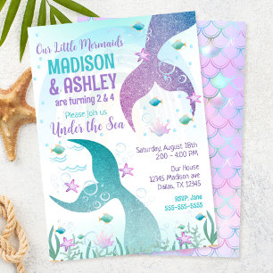 Mermaid Tail Under the Sea Girls Joint Birthday  Invitation