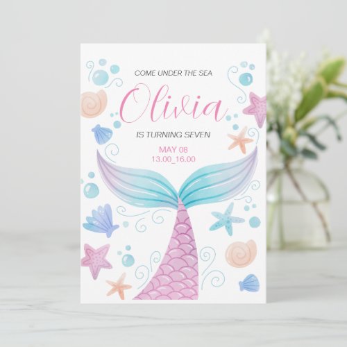 Mermaid Tail Under the Sea Pink Birthday  Invitation